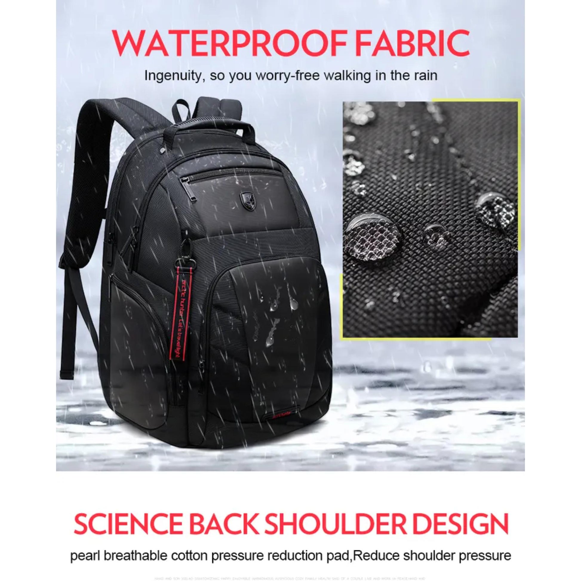 Draufsicht auf den Artic Hunter B00341 Laptop-Rucksack. Hervorzuheben ist das wasserdichte Material, das den Inhalt vor Regen schützt. | Blue Chilli Electronics.