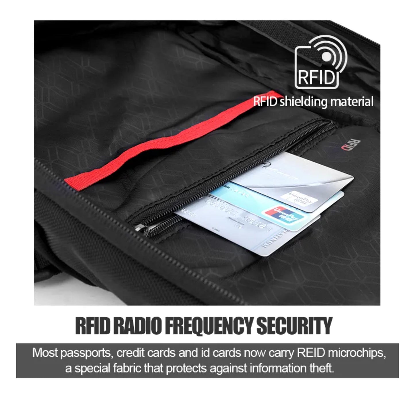 Detail des RFID-Blockierfachs im Inneren des Artic Hunter B00341 Laptop-Rucksacks, das sensible Daten vor elektronischem Diebstahl schützt. | Blue Chilli Electronics.