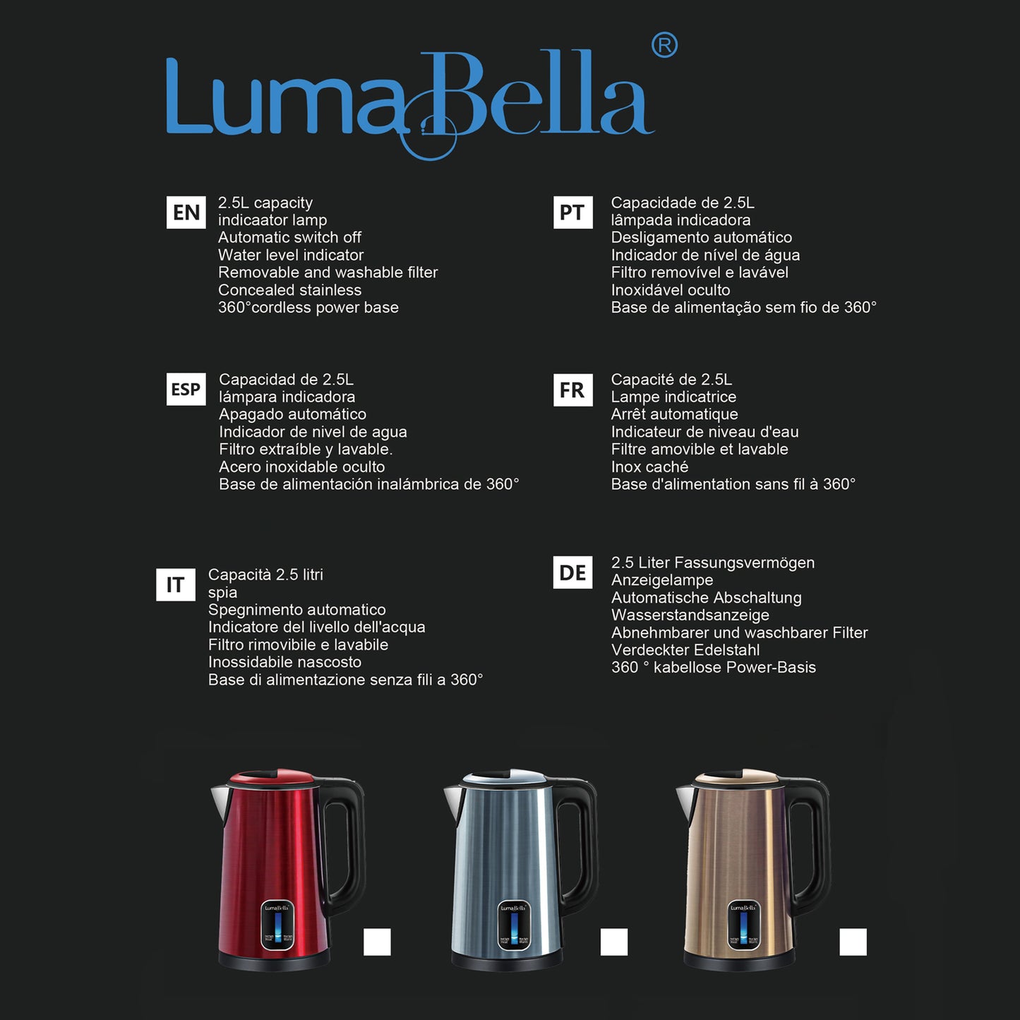 Luma Bella B-3011 Wasserkocher – 1500W, 2,5L Kapazität, Edelstahl